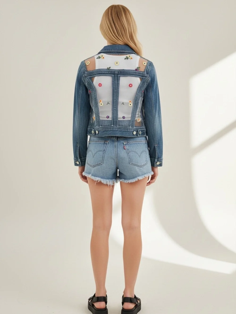 LEVI JEAN JACKET UPCYCLED with Floral Lace. HANDMADE Granny D Original OOAK MED - Picture 3 of 11